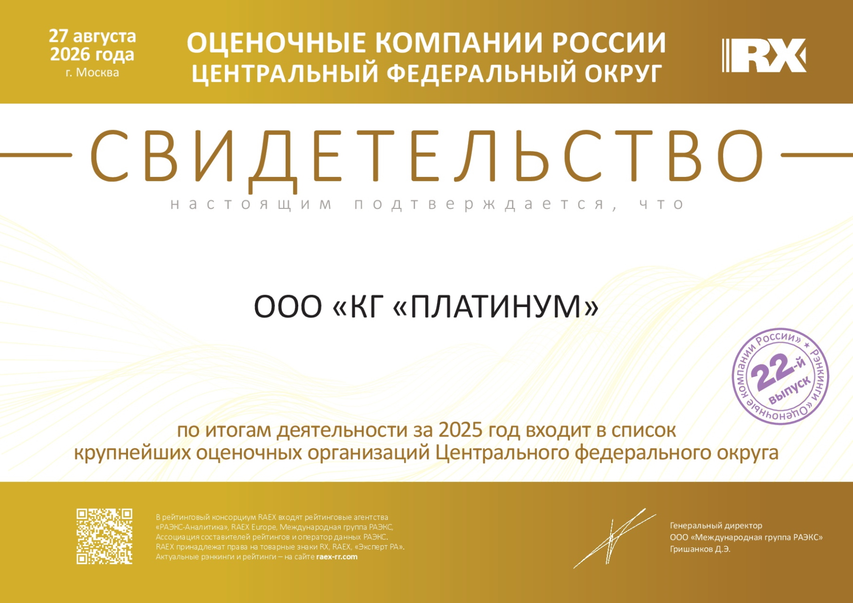 Крупнейшие оценочные компании Центральный федеральный округ (ООО "Консалтинговая компания "Платинум") 2025